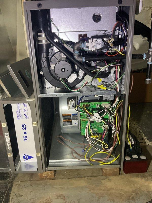 Completed Platinum Level maintenance on 1-year-old residential HVAC system including outdoor condensing unit and indoor air handler. Performed comprehensive inspection of electrical connections, contactors, and terminal blocks on outdoor unit, verifying proper wire terminations and secure mounting of all components. Inspected blower motor assembly, circuit board, and refrigerant lines in indoor unit. Replaced 16x25x5 air filter. All electrical connections tested and found secure, refrigerant lines inspected with no leaks detected, and system operating within normal parameters. This represents the first annual maintenance visit for this system.