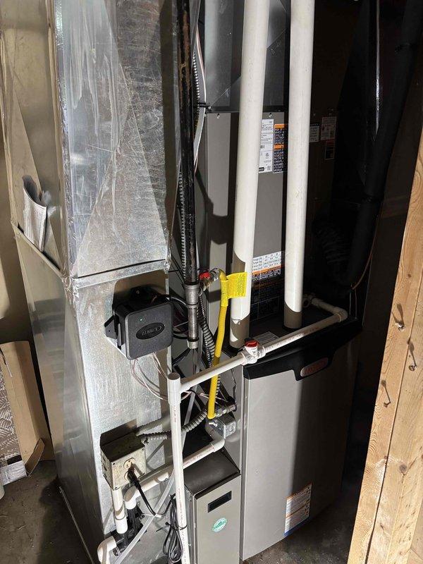 Responded to callback for repeat freeze-up condition on Lennox air conditioning system at log cabin residence. Upon arrival, inspected outdoor condensing unit and found excessive vegetation growth restricting airflow around unit perimeter, with ivy, weeds, and organic debris accumulated against cabinet panels and base pad. Cleared all vegetation and debris from around condenser to restore proper airflow clearance. Proceeded to indoor equipment location and inspected furnace and air handler assembly. Identified restricted airflow condition due to dirty air filter causing evaporator coil to freeze. Replaced air filter and verified proper system operation. Confirmed adequate refrigerant charge and normal operating pressures. Educated customer on importance of maintaining clear space around outdoor unit and regular filter replacement schedule to prevent future freeze-up conditions. System operating normally at time of departure with proper airflow and temperature differential across evapor