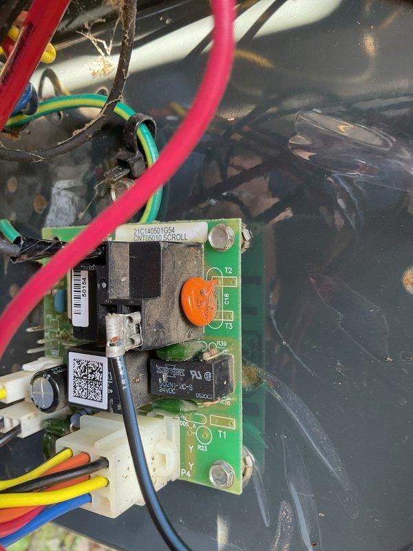 Responded to no cooling call on 16-year-old system with complete unit failure. Upon inspection, found control board had failed, preventing system from powering on. Replaced defective circuit board and capacitor, restored all electrical connections, and tested system operation. Unit now cooling properly with all components functioning within normal parameters.