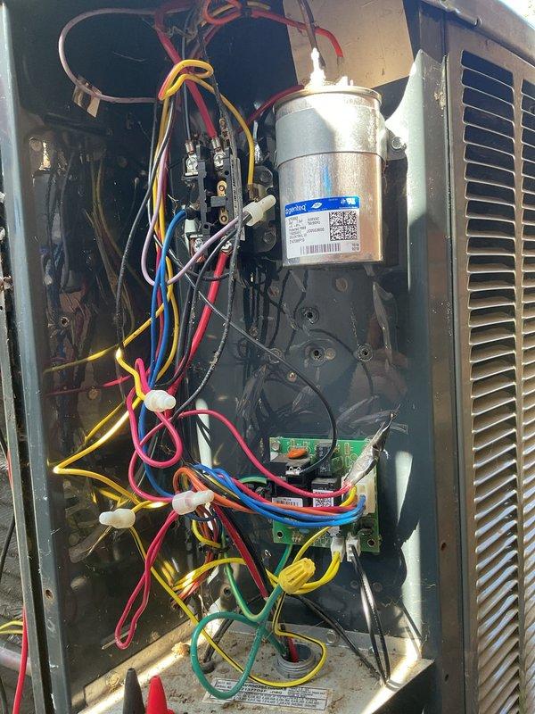 Responded to no cooling call on 16-year-old system with complete unit failure. Upon inspection, found control board had failed, preventing system from powering on. Replaced defective circuit board and capacitor, restored all electrical connections, and tested system operation. Unit now cooling properly with all components functioning within normal parameters.
