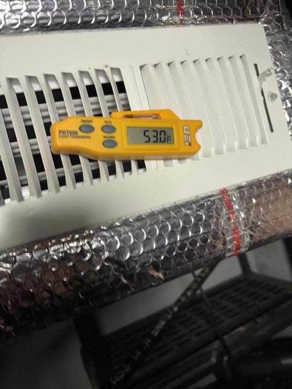 Completed first annual Platinum Level maintenance on a 3-year-old HVAC system with 16x25x4 filter size. Performed comprehensive system inspection including temperature differential measurements at supply register (53.0°F recorded) and electrical diagnostics showing 404.1 reading at condenser unit, confirming proper system operation and performance within manufacturer specifications.