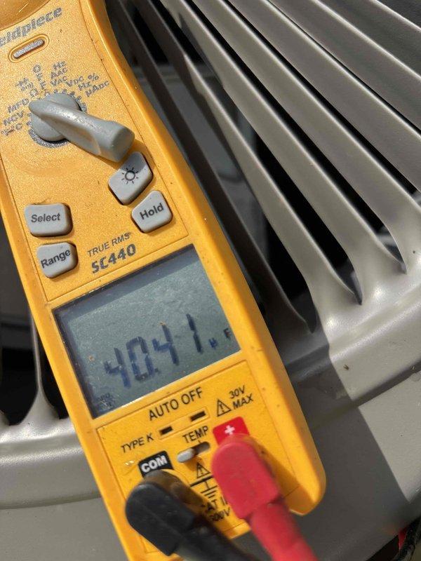 Completed first annual Platinum Level maintenance on a 3-year-old HVAC system with 16x25x4 filter size. Performed comprehensive system inspection including temperature differential measurements at supply register (53.0°F recorded) and electrical diagnostics showing 404.1 reading at condenser unit, confirming proper system operation and performance within manufacturer specifications.