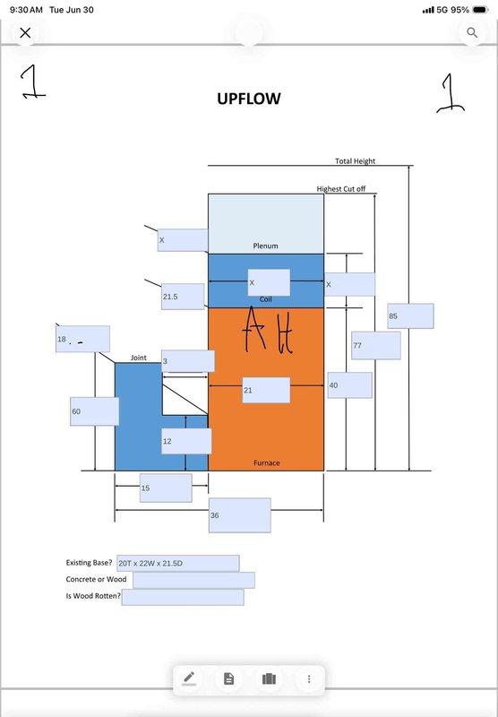 Conducted comprehensive assessment of aging 3-ton HVAC system in 3500 sq ft residence built into ground on three sides. Evaluated existing upflow furnace configuration, documented current system dimensions and plenum specifications, photographed mechanical thermostat and system layout schematic for replacement planning. Provided equipment sizing recommendations and replacement pricing options based on unique installation requirements and home's earth-sheltered construction characteristics.