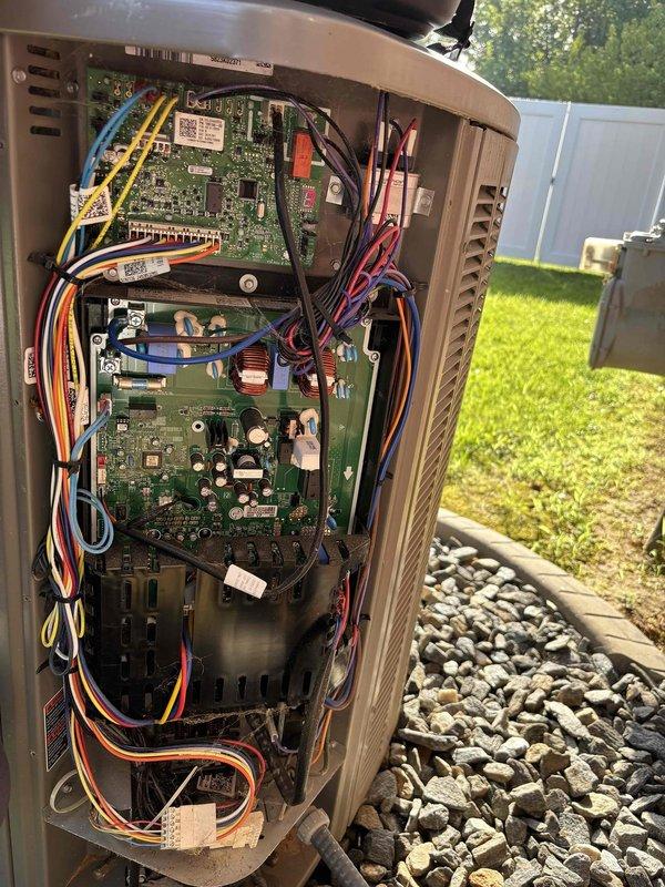 Completed scheduled maintenance inspection on both furnace and air conditioning system, with both units approximately two years old. Performed comprehensive AC tune-up including inspection of outdoor condenser unit, verification of electrical connections, and assessment of control board components and wiring harnesses. All systems operating within normal parameters with no issues identified. Unit exterior and internal components show appropriate condition for age with proper installation on concrete pad with adequate drainage. Maintenance plan service completed as scheduled with photographic documentation of equipment condition.