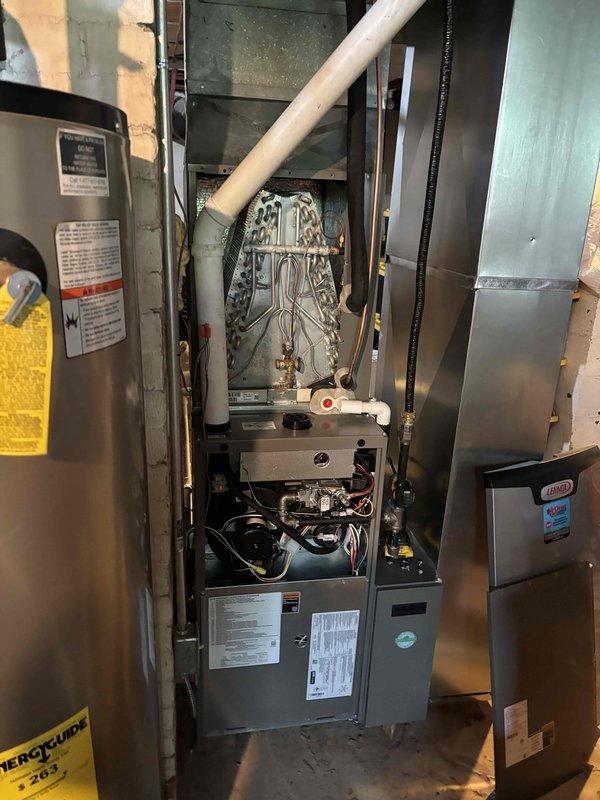 Completed annual Gold Level planned maintenance on 1-year-old HVAC system. Performed comprehensive inspection of indoor furnace unit and evaporator coil, verifying proper operation of blower motor assembly and examining serpentine copper coil configuration. Conducted outdoor condenser unit service including coil cleaning, electrical connection inspection, and verification of refrigerant levels. Replaced 16x25x5 air filter and confirmed all system components operating within manufacturer specifications.