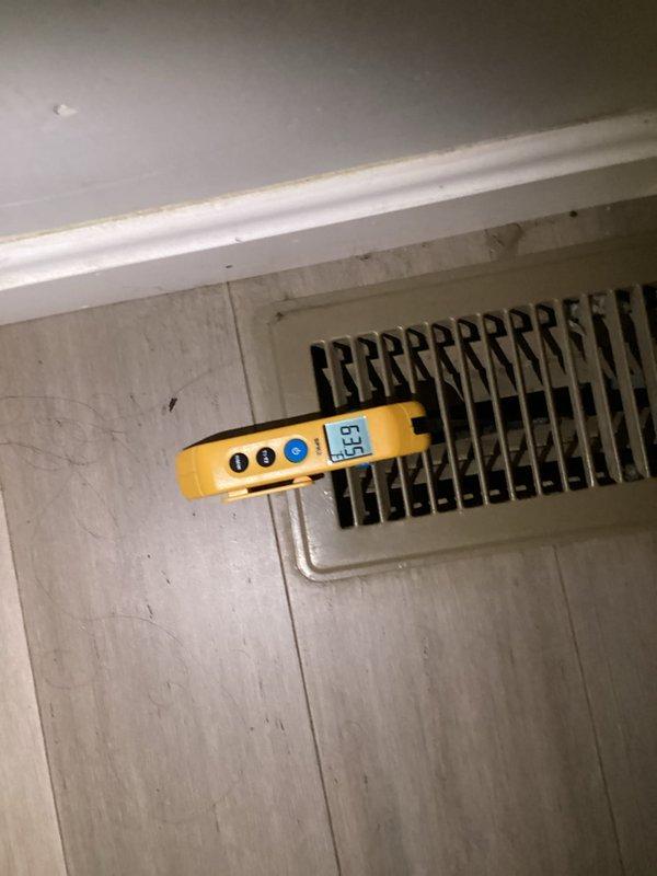 Responded to callback for non-responsive thermostat on recent HVAC installation. Upon arrival, diagnosed and resolved thermostat communication issue with system. Verified proper system operation with supply air temperature reading of 82.4°F at ductwork and return air temperature of 69°F at register, confirming adequate heating performance and proper temperature differential. System now functioning correctly with thermostat responding as designed.