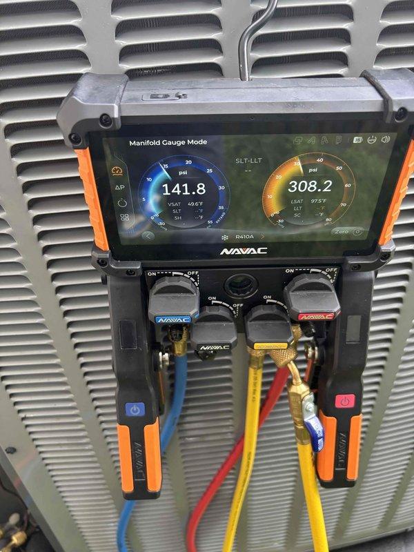Responded to no cooling complaint on 5-year-old residential HVAC system with thermostat set to 76°F but indoor temperature reading 80°F. Upon arrival, verified system was not cooling and no breakers had tripped. Connected digital manifold gauges to measure refrigerant pressures, which revealed abnormal readings of 141.8 psi on low side and 308.2 psi on high side. Diagnosed failed dual-run capacitor as root cause of cooling failure. Removed defective 40/7.5 MFD 440VAC capacitor and replaced with new unit to restore proper compressor and condenser fan motor operation. System tested and verified operational with proper cooling restored.