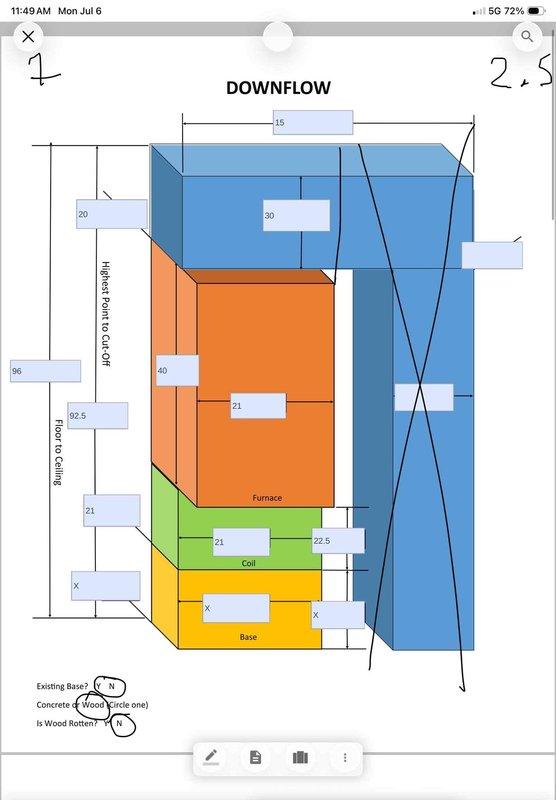 Conducted comprehensive HVAC system replacement estimate for existing customer with operational system seeking upgrade options. Evaluated current downflow furnace and Amana air handler configuration in basement utility space, documenting equipment specifications, clearances, and installation parameters. Assessed ductwork arrangement, base condition, and spatial requirements for high-efficiency AC/HP system compatibility, providing detailed replacement recommendations and configuration options for complete system upgrade.