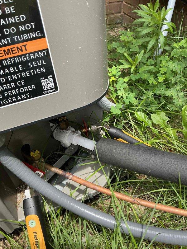 Responded to no-cooling complaint on recently installed system that was unable to maintain setpoint below 77°F. Performed diagnostic testing on outdoor unit and inspected refrigerant line connections and service valves. System assessed and corrected to restore proper cooling operation and temperature control.