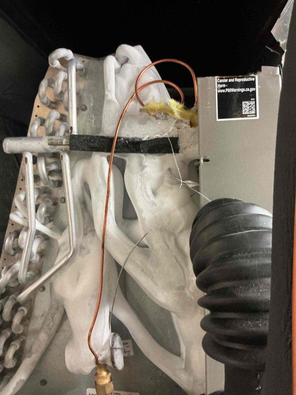 Responded to no-cooling complaint on recently installed system that was unable to maintain setpoint below 77°F. Performed diagnostic testing on outdoor unit and inspected refrigerant line connections and service valves. System assessed and corrected to restore proper cooling operation and temperature control.
