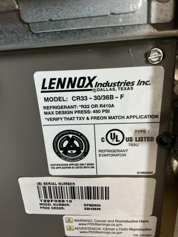 Completed annual Gold Level planned maintenance on a 3-year-old Lennox system with model RP92M34 evaporator coil and CR33-30/36B-F condenser unit. Performed comprehensive inspection of outdoor condensing unit, verified proper operation of compressor and condenser fan, checked refrigerant lines for leaks and proper insulation, and confirmed unit is securely mounted on concrete pad with adequate clearance for airflow. Inspected indoor air handler components, replaced 16x25x5 air filter, and verified all electrical connections and controls are functioning correctly. This represents the second visit of the annual maintenance cycle, and the service agreement is due for renewal.