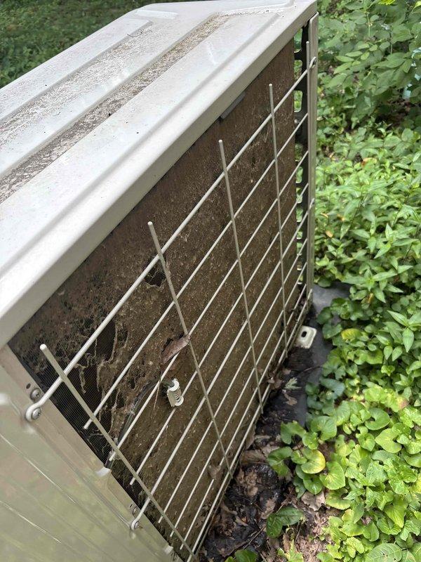 Completed annual Gold Level planned maintenance on 3-year-old mini-split system. Performed comprehensive inspection of outdoor condenser unit, noting dirt and debris accumulation on cooling coils behind protective wire guard. Took temperature differential readings at indoor air handler, recording supply air temperature of 58.6°F and return air temperature of 77.1°F, confirming proper cooling performance with 18.5°F temperature split. System operating within normal parameters with no immediate service requirements identified.