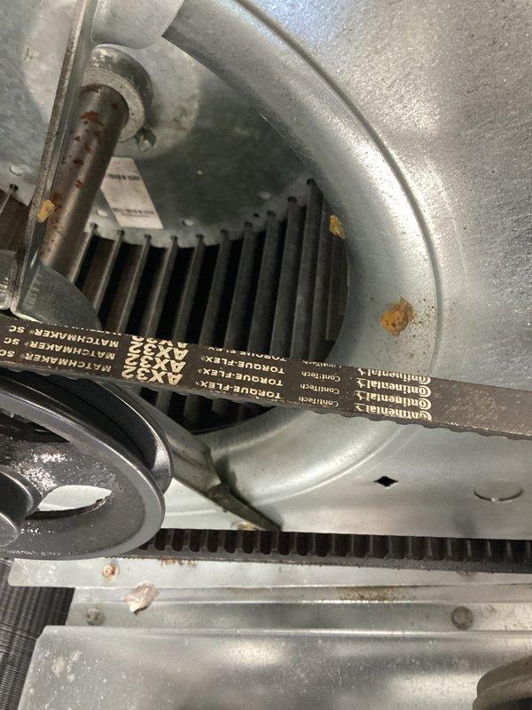 Responded to follow-up service call for 7.5-ton package unit with no cooling condition, continuing leak search from previous work order. Upon inspection, identified multiple failed electrical components requiring replacement including 2-pole contactor (40 FLA, 50 RES), two control relays, and one transformer. Photographed belt drive assembly showing normal operational wear on TORQUE-FLEX belts and pulley system. Parts ordered for installation to restore unit to operational status.