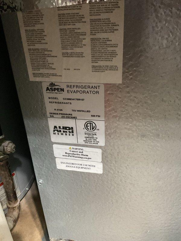 Completed planned maintenance on 4-year-old vertical HVAC system with Aspen refrigerant evaporator and R-410A refrigerant. Inspected air handler unit including filter compartment with 16x25x5 filter, control boards, electrical connections, and wiring throughout system. Verified proper operation of all components including circuit boards, relay systems, and TXV installation. Documented system condition through photographs showing internal mechanical and electrical components with access panels open. Customer requested polarized filter and duct cleaning be scheduled for next maintenance visit per previous technician notes.