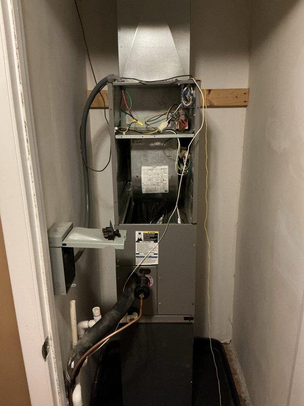 Responded to no-cool call on 10-year-old upstairs HVAC system with complete loss of power. Upon arrival, inspected outdoor condenser unit and indoor air handler in utility closet. Diagnosed failed capacitor on condenser unit preventing compressor and fan motor operation. Replaced dual-run capacitor with proper MFD-rated component and verified proper electrical connections at both indoor and outdoor units. Tested system operation through complete cooling cycle, confirmed adequate airflow at supply registers, and verified proper amp draw on compressor and blower motor. System restored to full operational status with cooling functionality confirmed.