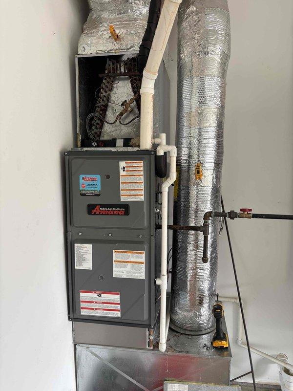 Completed Platinum Level maintenance on a 7-year-old Amana HVAC system as part of the second annual visit. Performed comprehensive inspection of furnace unit and air handler, checked all mechanical components, and replaced 16x25x5 air filter. Measured supply air temperature at 137°F and verified proper operation of ductwork insulation, PVC drainage lines, and ventilation piping to ensure optimal system performance.