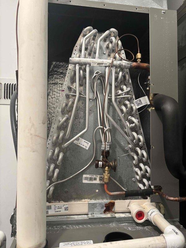 Completed annual Platinum Level planned maintenance on two HVAC systems (4 and 2 years old). Performed comprehensive inspection of both units, documenting evaporator coil condition showing dust and debris accumulation on serpentine aluminum tubes and filter screens. Replaced two 16x25x5 filters as part of routine maintenance protocol. Verified refrigerant line connections, electrical components, and condensate drain functionality. Recorded temperature readings using digital diagnostic equipment, confirming system operation at 55.25°F. Inspected interior components including copper refrigerant lines with brass fittings, sensors, and thermistors. All safety checks completed and systems returned to normal operation.