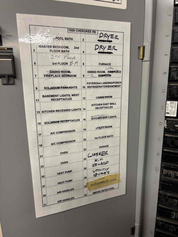 Replaced failed compressor on HVAC system with parts supplied by United Refrigeration. Documented electrical panel configuration and circuit directory showing dual A/C compressor circuits, heat pump, and air handler connections prior to component replacement. Completed compressor changeout and verified proper electrical connections and system operation.