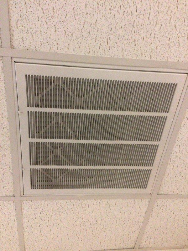 Conducted comprehensive assessment of existing HVAC system for complete replacement estimate. Inspected current Robertshaw digital thermostat displaying 77.8°F and evaluated ceiling-mounted supply/return vent system with standard white metal grille in drop ceiling configuration. Documented existing equipment conditions through detailed photography to support Green-rated A+ replacement proposal specifications. System evaluation completed to provide customer with accurate equipment replacement recommendations and energy-efficient upgrade options.
