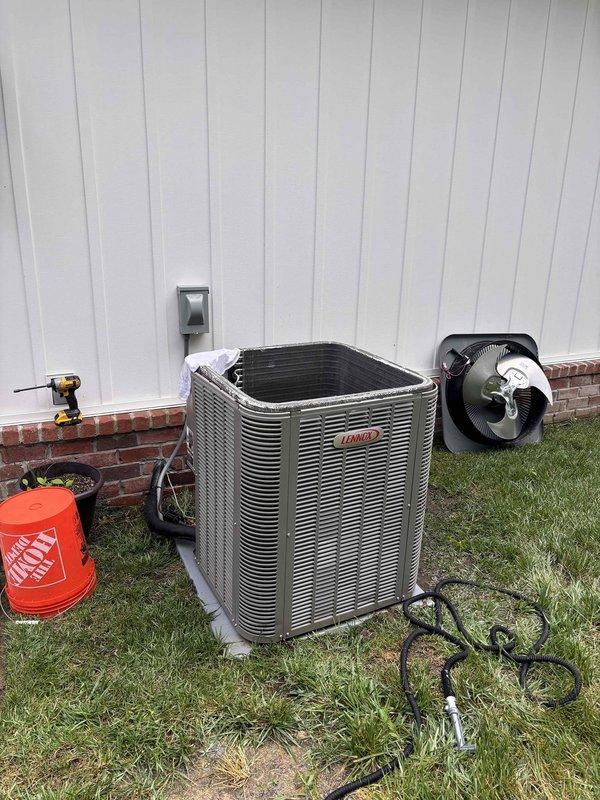 # HVAC Maintenance Report

Completed comprehensive Platinum Level preventive maintenance service on a three-system residential HVAC installation. Performed thorough inspection and servicing of all outdoor condenser units, including a Lennox system and two additional units positioned at separate locations around the property.

Conducted complete system diagnostics on each unit, checking refrigerant pressures, electrical connections, and component operation. Cleaned condenser coils using appropriate equipment to remove debris and ensure optimal heat transfer efficiency. Inspected and tested all electrical disconnects and verified proper voltage and amperage readings across all three systems.

Evaluated refrigerant line insulation integrity and checked for any signs of wear or damage on copper line sets. Verified proper drainage from condensate systems and ensured all mounting pads were level and stable. Tested capacitors and contactors for proper operation on each unit.

Documented filte