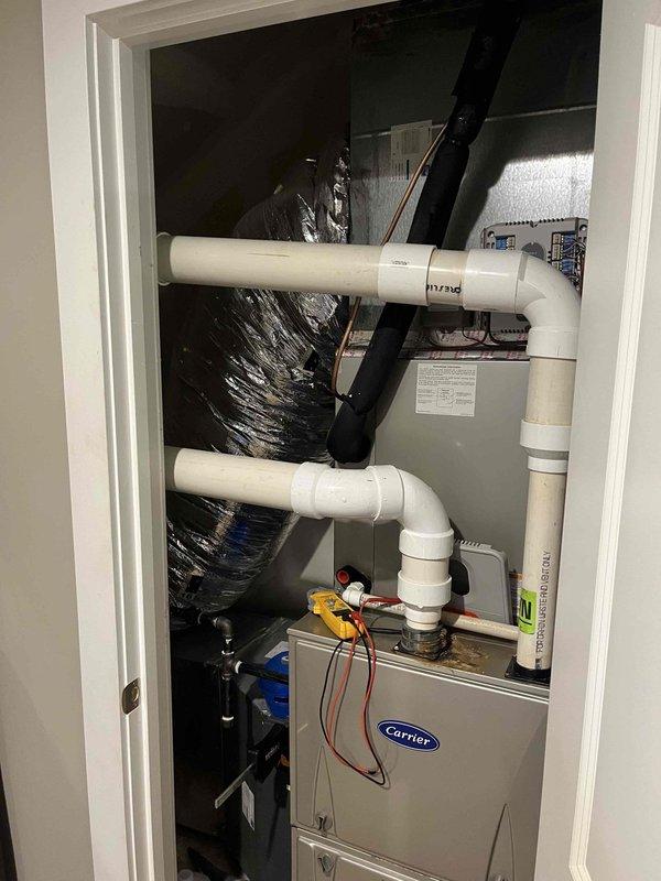 Responded to callback for HVAC system running continuously and cooling below setpoint. Upon inspection of Carrier unit located in mechanical closet, diagnosed failed damper control requiring 16" round damper and Belimo actuator motor replacement. Parts ordered for follow-up installation, estimated 90-minute repair time upon arrival of components.