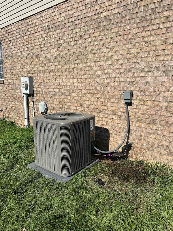 Completed installation of a 4-ton, 17 SEER air conditioning system with 97% AFUE furnace as an upsell upgrade. Installed new air handler unit in attic space with proper condensate drain lines and connected flexible ductwork to both supply and return plenums. Mounted outdoor condenser unit on concrete pad with appropriate clearances, installed electrical disconnect box, and ran refrigerant line set and electrical connections between indoor and outdoor units. System was properly charged, tested for proper operation, and left in fully functional condition.