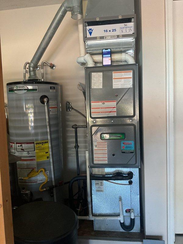 Completed second scheduled platinum-level preventive maintenance on a 4-year-old single-zone HVAC system. Performed comprehensive inspection of furnace unit and all accessible components including control boards, blower assembly, and condensate pump system. Replaced 16x25x5 media filter per maintenance protocol. Verified proper operation of electronic controls, gas connections, and PVC venting system. Inspected wiring harnesses and electrical connections throughout upper and lower compartments. All components found operating within normal parameters and system returned to service.