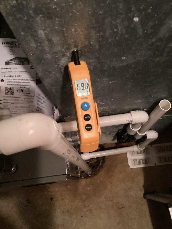 Completed scheduled HVAC maintenance on system during first quarterly visit. Replaced 16x25x5 air filter per maintenance schedule. Inspected condensate drain system and PVC piping configuration, verifying proper trap operation and drainage flow. Evaluated control board functionality and blower speed electronics, confirming all terminal connections secure and system operating within normal parameters at 638 CFM airflow measurement.