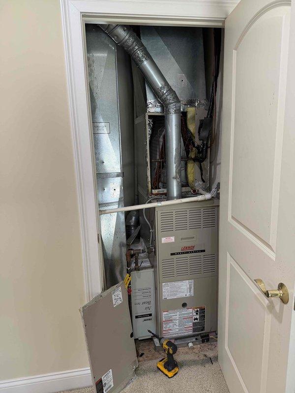 Provided complimentary second opinion on older upstairs HVAC system after previous contractor diagnosed failed evaporator coil weld requiring R-22 refrigerant recharge through home warranty claim. Performed visual inspection of Lennox furnace unit and associated ductwork, examining evaporator coil assembly, refrigerant lines, and system components to verify reported weld failure and assess overall system condition.