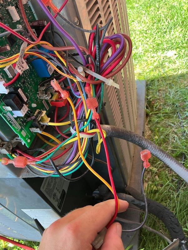 Responded to a warranty cooling issue where the system was not producing cold air and the residence was maintaining approximately 80 degrees. Upon inspection, diagnosed a failed outdoor control board and damaged condenser fan wiring harness. Replaced the outdoor condensing unit to resolve the electrical failures affecting system operation. Verified proper electrical connections, tested system functionality, and confirmed adequate cooling performance upon completion.