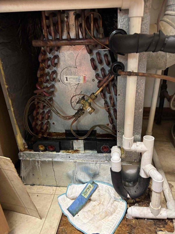 Completed comprehensive Platinum Level maintenance on a 6-year-old single-system HVAC unit. Performed thorough inspection of indoor heat exchanger assembly, noting copper coil oxidation consistent with system age, and verified all refrigerant line connections and drainage components were secure and functioning properly. Evaluated outdoor condenser unit operation, checked electrical connections at junction box, and conducted diagnostic measurements to ensure system performance met manufacturer specifications.
