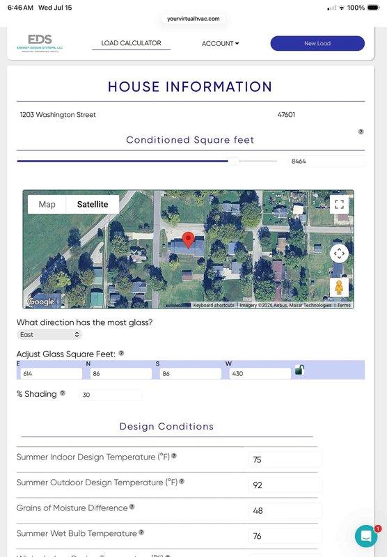Conducted comprehensive replacement estimate for aging 12-year-old HVAC system at 8,464 square foot residential property. Performed detailed load calculation analysis using energy design software, evaluating home's thermal characteristics including directional glass exposure (614 sq ft east, 430 sq ft west), 30% shading factor, and design conditions of 75°F indoor/92°F outdoor with 76°F wet bulb temperature. Documented existing Blizzard Air Metro furnace and ductwork system, noting equipment condition and current configuration. Assessed requirements for approximately 3-ton replacement system based on property specifications and customer's comfort needs.