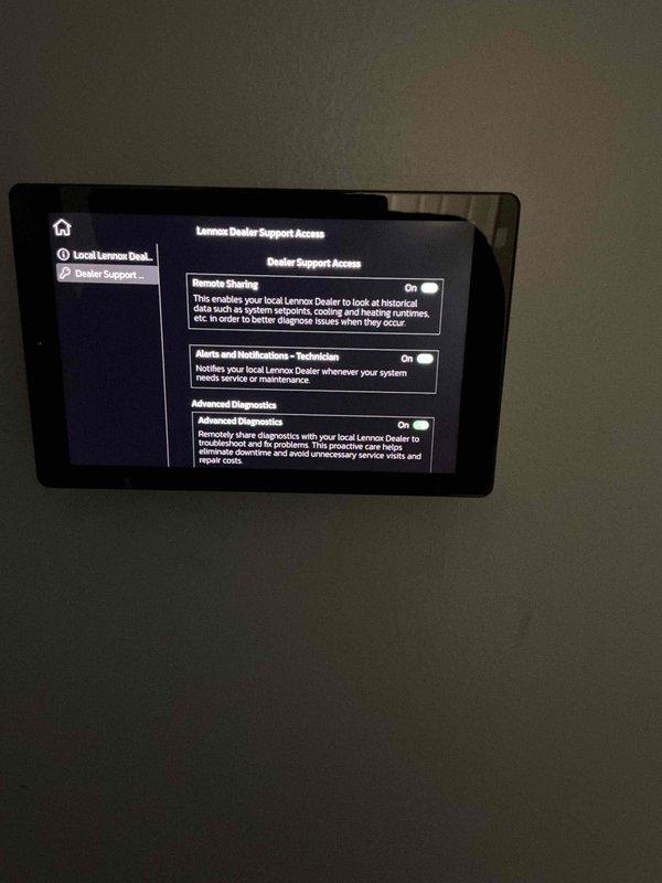 Completed first scheduled maintenance visit on Lennox HVAC system. Performed routine inspection and verified proper operation of advanced thermostat controls, including dealer support access features, remote diagnostics capabilities, and system monitoring functions. Documented system settings and confirmed all parameters within normal operating range, with current temperature control set at 69°F.