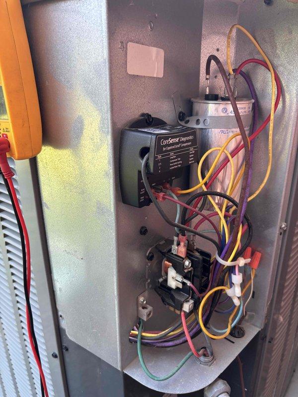 Completed Platinum Level planned maintenance on a 4-year-old single HVAC system during second scheduled visit. Replaced 16x25x5 air filter, performed comprehensive system diagnostics including temperature and pressure readings on refrigerant lines, and inspected electrical components including CoreSense control module, capacitor, and contactor within the control panel. All system components operating within normal parameters with proper wire connections verified and refrigerant lines showing appropriate condensation indicating correct cooling operation.