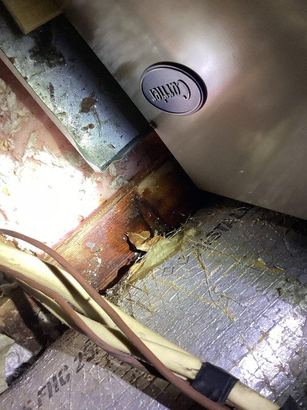 Responded to callback for attic HVAC unit now leaking with ceiling damage present. Upon arrival, observed significant water damage to interior ceiling with drywall separation and sagging material, along with visible water staining radiating from affected area. Unit had been shut down by occupant due to active leak. Previous service visit replaced failed capacitor that was reading low at 2.30 on a 45/5 rated unit, with new capacitor installed and verified at proper specifications. System was cycling correctly at time of initial repair, but leak developed overnight indicating secondary failure. Accessed attic unit and documented conditions showing water accumulation, debris, and deterioration around mechanical components. Inspection revealed condensate drainage issue or refrigerant leak causing moisture intrusion into living space below. Photographed ceiling damage extent and mechanical equipment condition for documentation. Unit remains off pending further diagnosis and repair of leak s