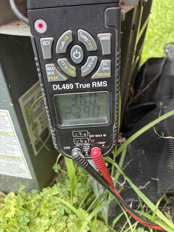 Completed routine AC tune-up and maintenance inspection per scheduled campaign. Performed system diagnostics using digital multimeter to verify electrical parameters and measured supply air temperature at 19.3 degrees, confirming proper cooling performance. Inspected air filtration system and documented filter condition during service visit.