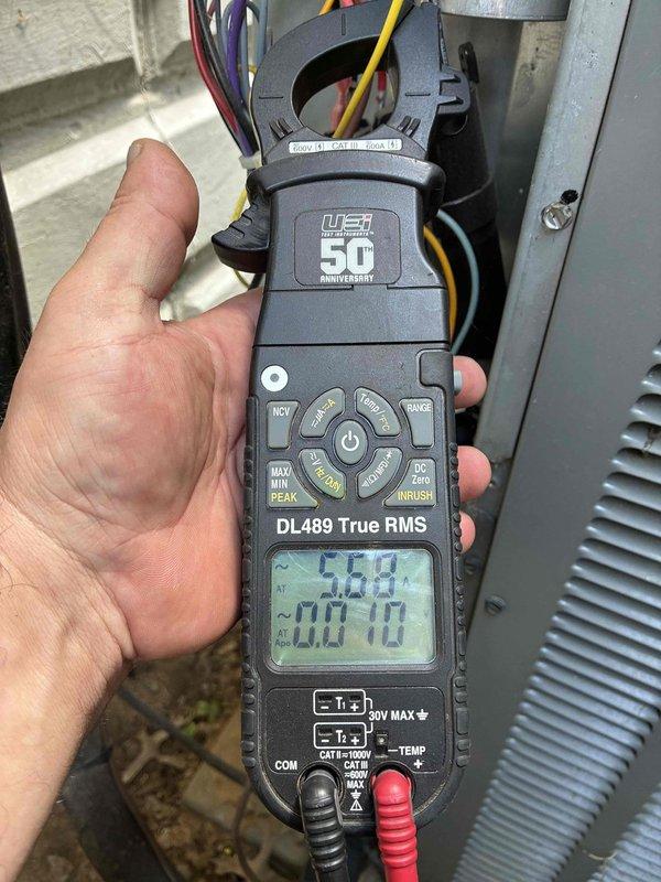 Completed scheduled HVAC maintenance tune-up on residential system. Performed comprehensive electrical diagnostics using digital clamp meter to verify proper amperage draw and system performance. All electrical connections inspected, measurements recorded within normal operating parameters, and unit confirmed to be functioning efficiently.