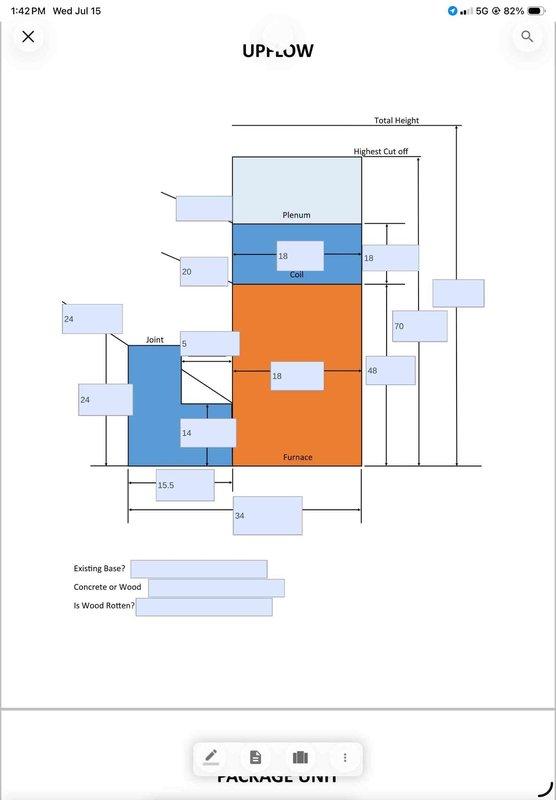 Conducted on-site evaluation for complete HVAC system replacement including 25-year-old air conditioning unit and furnace located in root cellar. Assessed existing upflow furnace installation with current ductwork configuration, measured clearances and dimensional requirements for new equipment installation. Documented existing system layout including plenum heights, coil positioning, and duct connections. Evaluated basement mechanical room conditions including exposed brick walls, concrete flooring, and accessibility for equipment removal and replacement. Photographed current furnace cabinet, supply ductwork, and surrounding utility infrastructure to determine optimal replacement specifications and installation requirements.