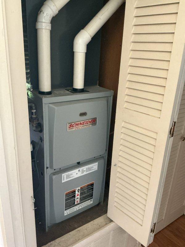 Completed annual planned maintenance visit on single-zone residential HVAC system consisting of Schneider brand furnace and Goodman outdoor condensing unit. Performed comprehensive inspection of indoor furnace unit located in utility closet, verified proper operation of all controls and safety devices, inspected PVC venting system for secure connections and proper drainage, and confirmed electrical components functioning correctly. Conducted full maintenance on outdoor Goodman condenser unit including cleaning of coil surfaces, inspection of refrigerant lines and disconnect box, verification of proper airflow through fan grille, and operational testing of compressor and fan motor. Replaced 16x25x1 air filter and documented system performance parameters within normal operating range.