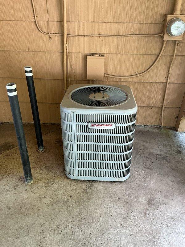 Completed annual planned maintenance visit on single-zone residential HVAC system consisting of Schneider brand furnace and Goodman outdoor condensing unit. Performed comprehensive inspection of indoor furnace unit located in utility closet, verified proper operation of all controls and safety devices, inspected PVC venting system for secure connections and proper drainage, and confirmed electrical components functioning correctly. Conducted full maintenance on outdoor Goodman condenser unit including cleaning of coil surfaces, inspection of refrigerant lines and disconnect box, verification of proper airflow through fan grille, and operational testing of compressor and fan motor. Replaced 16x25x1 air filter and documented system performance parameters within normal operating range.