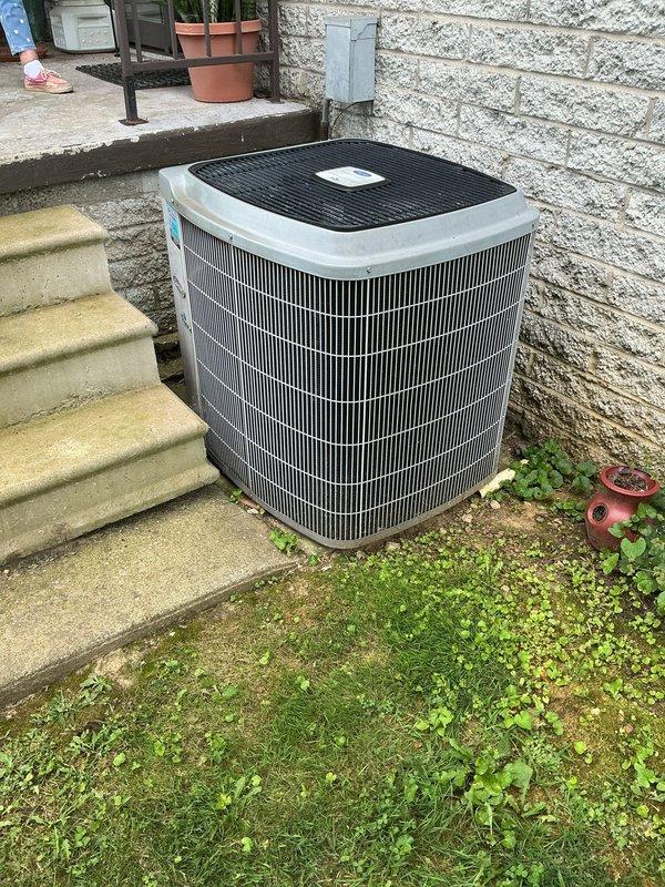 Completed monthly planned maintenance on a 21-year-old residential HVAC system. Inspected outdoor condenser unit and indoor Carrier furnace, replaced 14x20x5 air filter, verified proper operation of all components, and documented equipment condition with photographs.