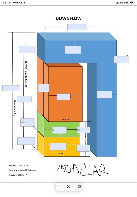 Completed comprehensive estimate for air conditioning replacement on 1,600 square foot manufactured home with 8 rooms. Evaluated existing outdoor condenser unit and assessed downflow HVAC configuration including furnace, evaporator coil, and base components. Documented system specifications, airflow measurements, and modular home installation requirements to provide appropriate equipment sizing and replacement recommendations for cooling system upgrade.