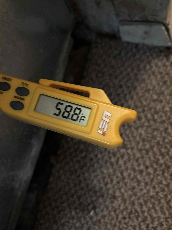 Completed planned HVAC maintenance inspection, reviewing 16x20x5 filter that has been in service for 3 years with monthly monitoring protocol. Performed diagnostic measurements using digital multimeter at system grille, recording electrical readings of 4131, and documented supply air temperature of 58°F using calibrated digital thermometer to verify proper system operation and airflow performance.