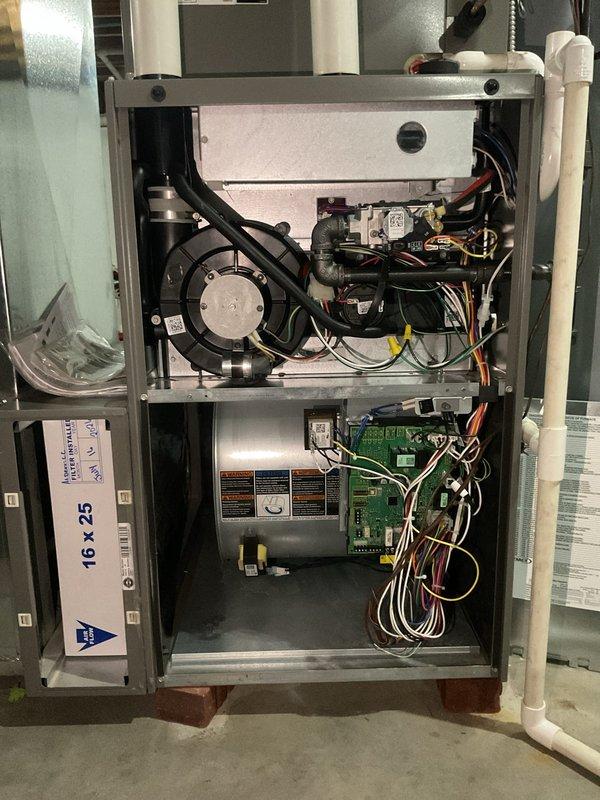 Completed Platinum Level maintenance on 3-year-old HVAC system during second annual visit. Performed comprehensive inspection of indoor air handler unit and outdoor condensing unit, including blower assembly, heat exchanger, control boards, electrical connections, and capacitor. Replaced 16x25x5 air filter, verified all wiring connections and components are functioning properly, and documented system condition with photographs. System is operating within normal parameters and customer is due for membership renewal.