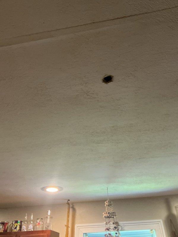 Responded to service call for assessment of suspected ongoing water leak and damage verification for insurance purposes. Upon arrival, conducted thorough inspection of upstairs bathroom and ceiling below. Identified significant water damage to ceiling drywall with bulging, soft spots, and compromised structural integrity requiring exploratory access hole for proper evaluation. Documented extensive deterioration including saturated ceiling material, water-stained walls with vertical streaking patterns, and severely damaged baseboard trim with warping, separation, and evidence of prolonged moisture exposure. Inspected bathroom floor adjacent to bathtub, confirming soft subflooring indicating potential continued leak from shower plumbing assembly. Previous repair work behind shower valve reportedly completed two years prior, however current damage pattern suggests either incomplete original repair or new leak source. Photographed all affected areas including compromised ceiling with acces