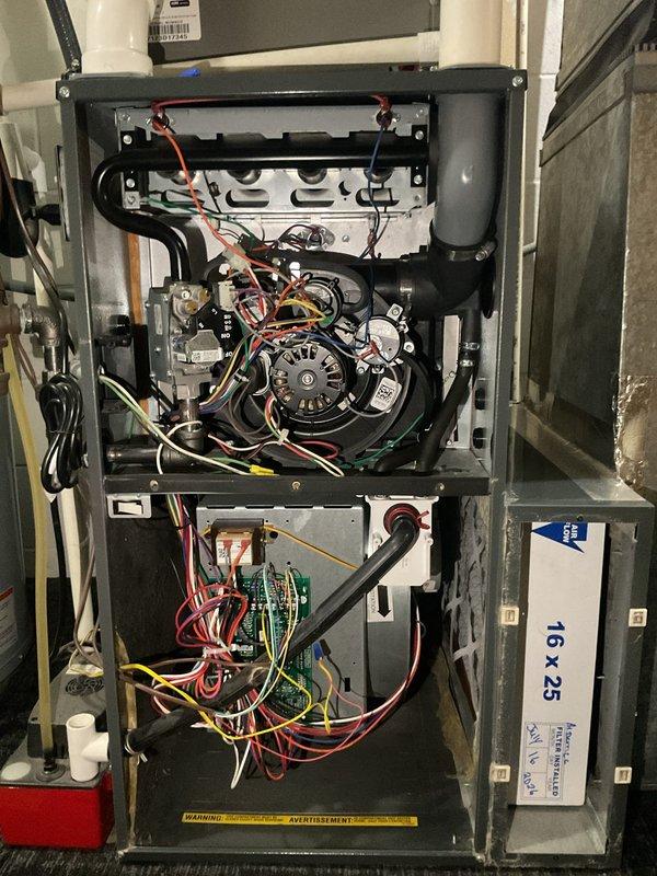 Completed second planned maintenance visit on 5-year-old single HVAC system per Platinum Level service agreement. Performed comprehensive inspection of furnace unit with all internal components accessed and evaluated. Inspected blower motor assembly, electrical connections, gas valve assemblies, and control board for proper operation. Conducted diagnostic testing with multimeter to verify electrical performance and system functionality. Replaced 16x25x5 air filter as part of routine maintenance protocol. All mechanical and electrical components found operating within manufacturer specifications. System returned to normal operation. Customer advised regarding service agreement renewal.