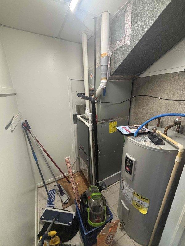 Completed comprehensive replacement estimate for residential HVAC system including heat pump options and ductwork assessment. Evaluated existing furnace installation in utility closet with current PVC venting configuration and inspected outdoor condensing unit positioned on concrete pad adjacent to brick exterior. Provided homeowner with detailed replacement options incorporating heat pump technology for enhanced heating efficiency during winter months along with complete ductwork evaluation and upgrade recommendations.