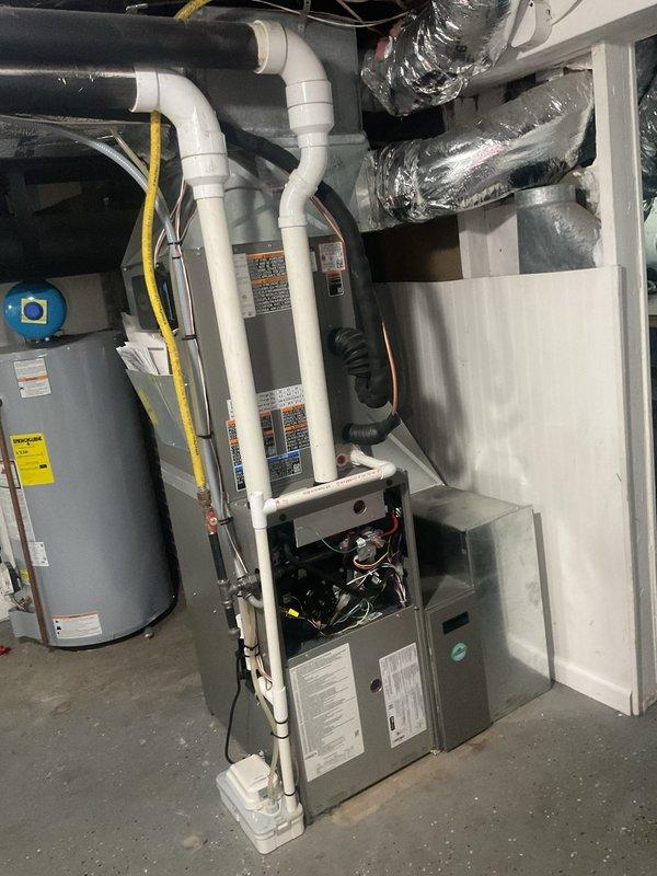 Completed annual planned maintenance on 1-year-old residential HVAC system during second visit. Performed comprehensive inspection of furnace and associated components, verified proper operation of blower motor assembly, and inspected all electrical connections and controls. Replaced 16x25x5 air filter per maintenance schedule. Inspected condensate drain lines, PVC venting system, and flexible ductwork for proper installation and function. All equipment operating within normal parameters with no deficiencies noted.