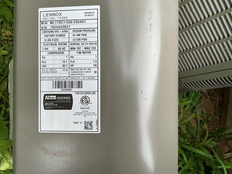Responded to service call for 2-year-old Lennox ML17XC1-036-230A01 heat pump system unable to maintain setpoint temperature of 69°F, with indoor temperature reading 70°F. Upon arrival, verified system operational status and conducted comprehensive diagnostics. Connected manifold gauge set to measure refrigerant pressures on R-410A system, confirming both high-side and low-side pressures were within manufacturer specifications for ambient conditions. Inspected outdoor condensing unit for proper operation, verified compressor and condenser fan motor functionality, and confirmed electrical specifications matched nameplate ratings of 208/230V, 1-phase, 60Hz. Assessed airflow at supply registers and verified thermostat calibration and settings. System found to be operating within normal parameters for extreme heat conditions, with only 1°F temperature differential indicating adequate performance. Educated property owner on realistic system capacity limitations during peak ambient temperatur