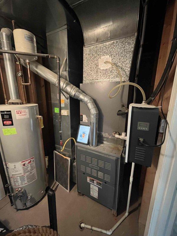 Conducted comprehensive HVAC system replacement estimate for residential property with homeowner present. Evaluated existing furnace, water heater, and air filtration system in basement mechanical room to provide Trane equipment replacement options. Documented current equipment configuration, ductwork connections, gas line routing, and spatial constraints through detailed photography for accurate system sizing and installation planning.